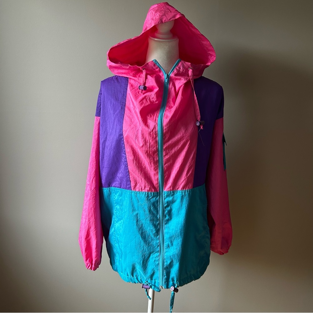 Vintagge 90s Colorblock Hooded Multicolour Windbreaker Size M